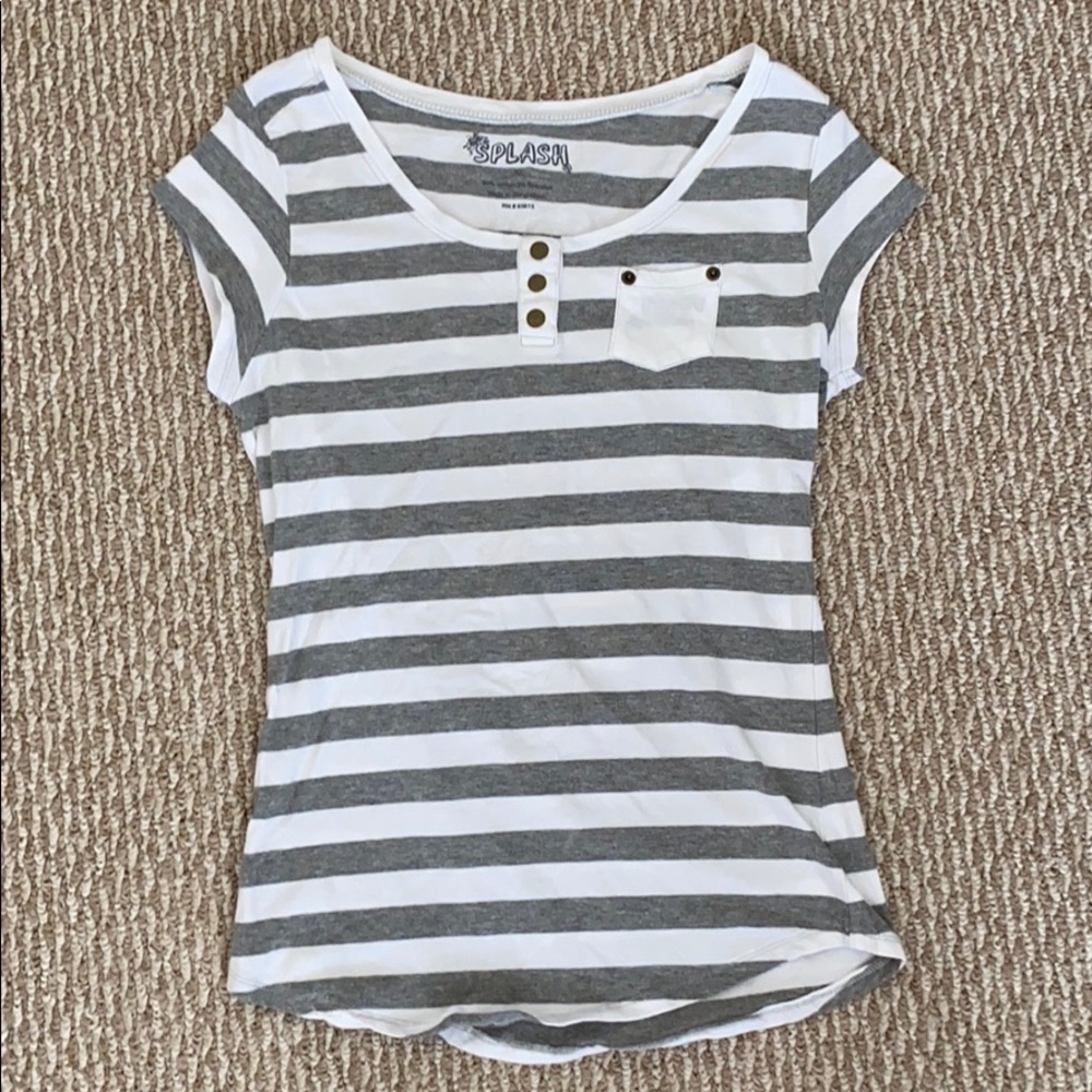 Gray and White Striped Shirt with Metal Buttons